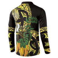Yellow New Zealand Kowhai And Piwakawaka Button Sweatshirt Maori Ngaru Paua Shell LT14 - Polynesian Pride