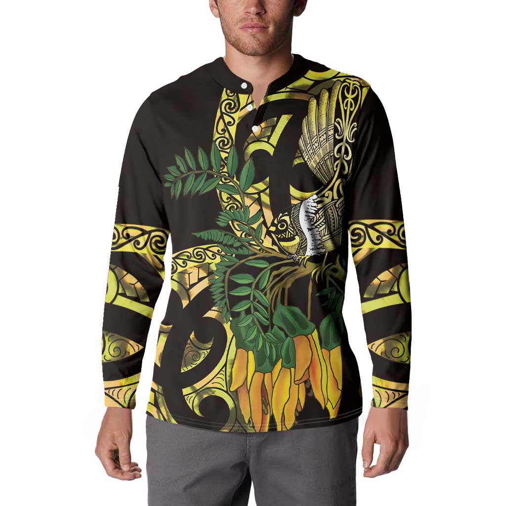 Yellow New Zealand Kowhai And Piwakawaka Button Sweatshirt Maori Ngaru Paua Shell LT14 - Polynesian Pride