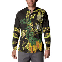 Yellow New Zealand Kowhai And Piwakawaka Button Sweatshirt Maori Ngaru Paua Shell LT14 - Polynesian Pride