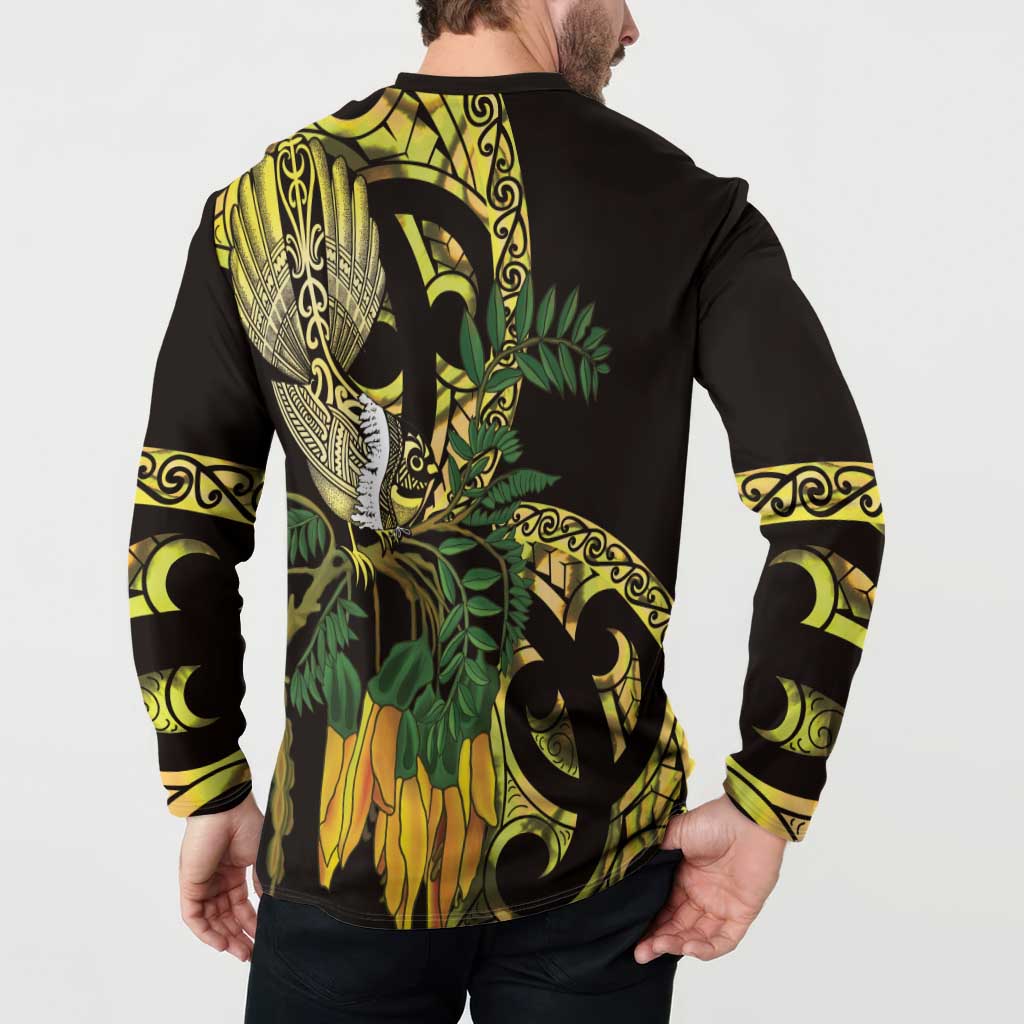 Yellow New Zealand Kowhai And Piwakawaka Button Sweatshirt Maori Ngaru Paua Shell LT14 - Polynesian Pride