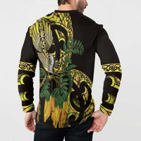 Yellow New Zealand Kowhai And Piwakawaka Button Sweatshirt Maori Ngaru Paua Shell LT14 - Polynesian Pride