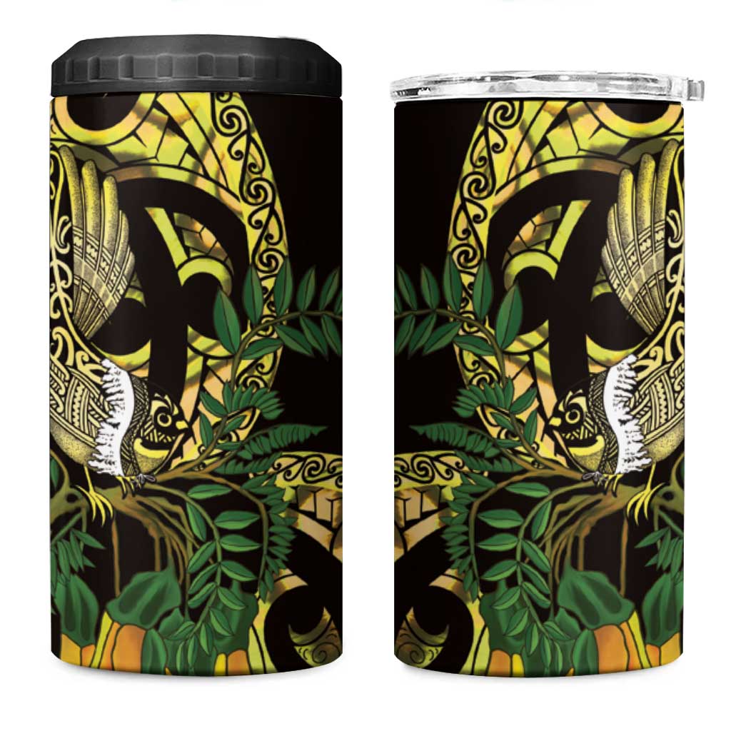 Yellow New Zealand Kowhai And Piwakawaka 4 in 1 Can Cooler Tumbler Maori Ngaru Paua Shell