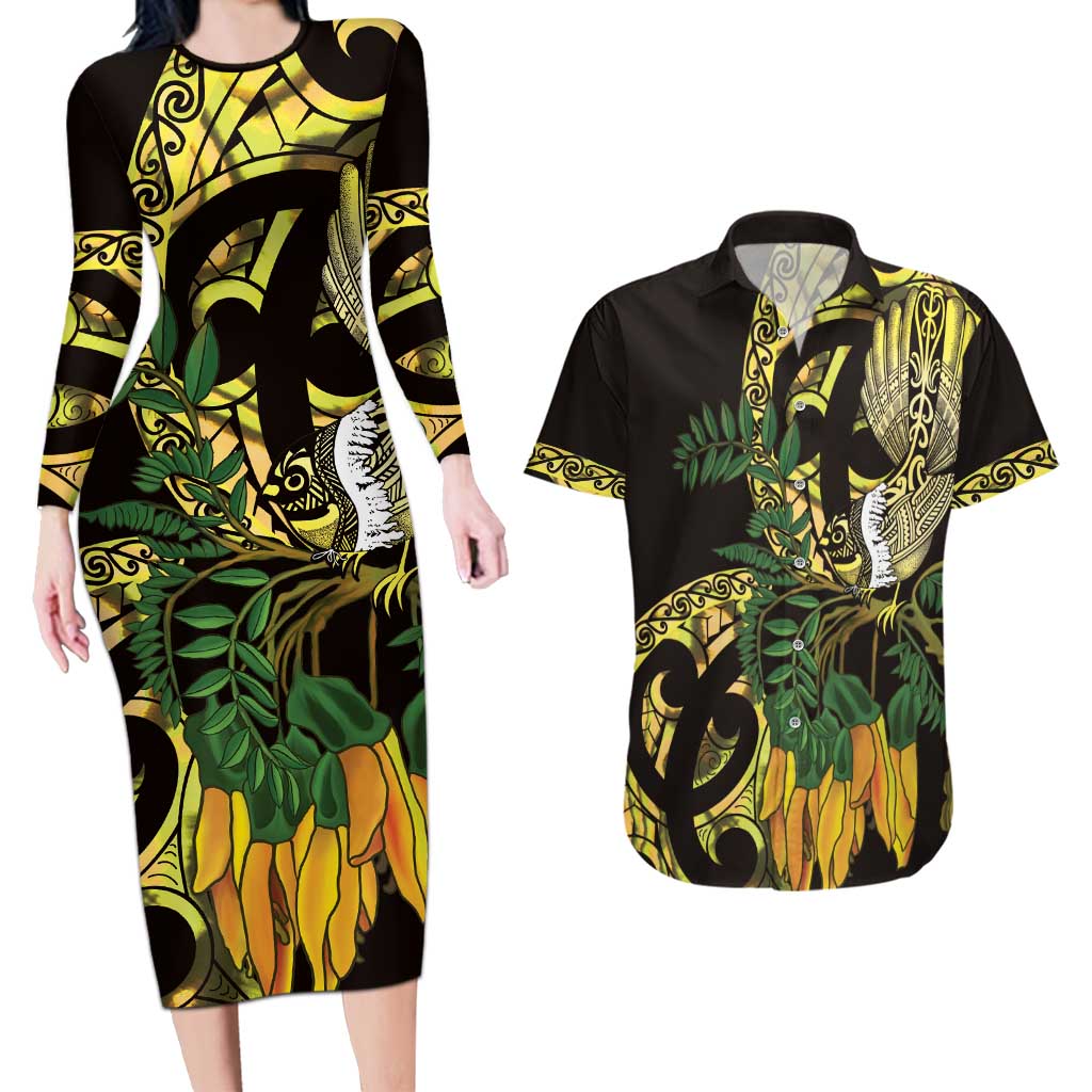 Yellow New Zealand Kowhai And Piwakawaka Couples Matching Long Sleeve Bodycon Dress and Hawaiian Shirt Maori Ngaru Paua Shell