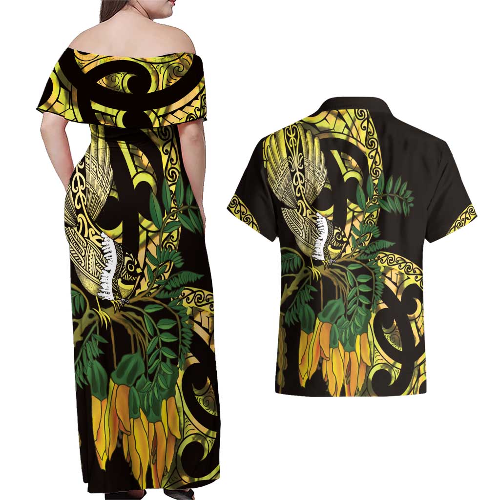 Yellow New Zealand Kowhai And Piwakawaka Couples Matching Off Shoulder Maxi Dress and Hawaiian Shirt Maori Ngaru Paua Shell