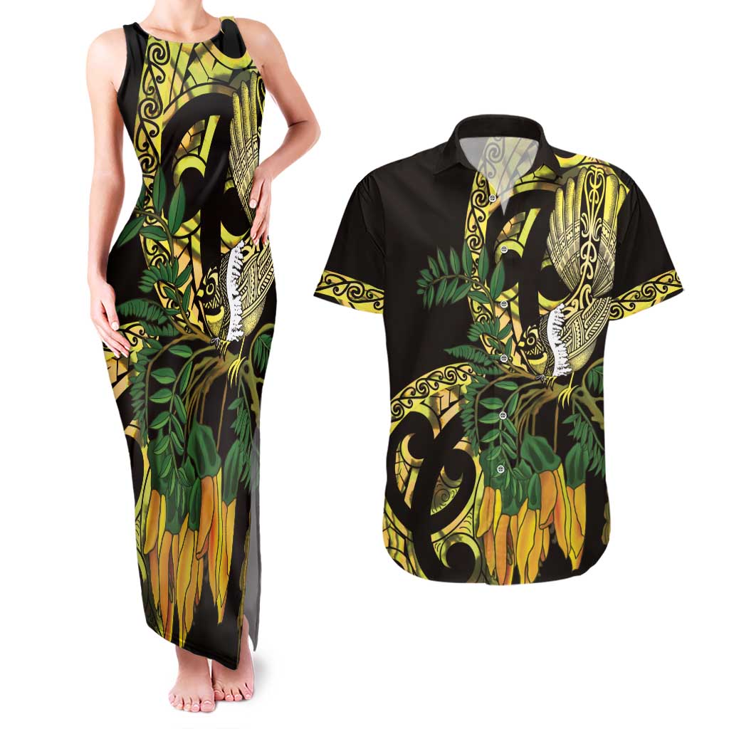 Yellow New Zealand Kowhai And Piwakawaka Couples Matching Tank Maxi Dress and Hawaiian Shirt Maori Ngaru Paua Shell