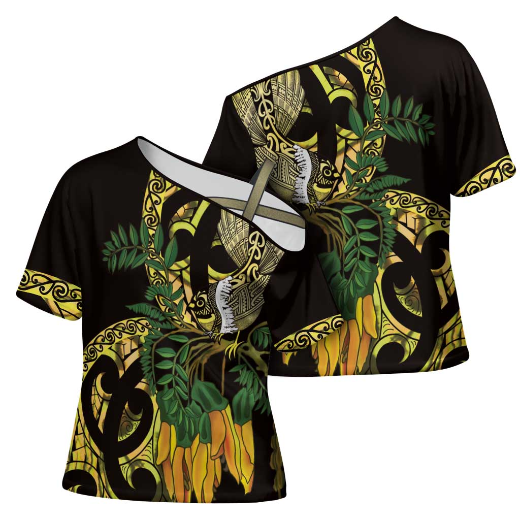 Yellow New Zealand Kowhai And Piwakawaka Cross Shoulder Shirt Maori Ngaru Paua Shell - Polynesian Pride