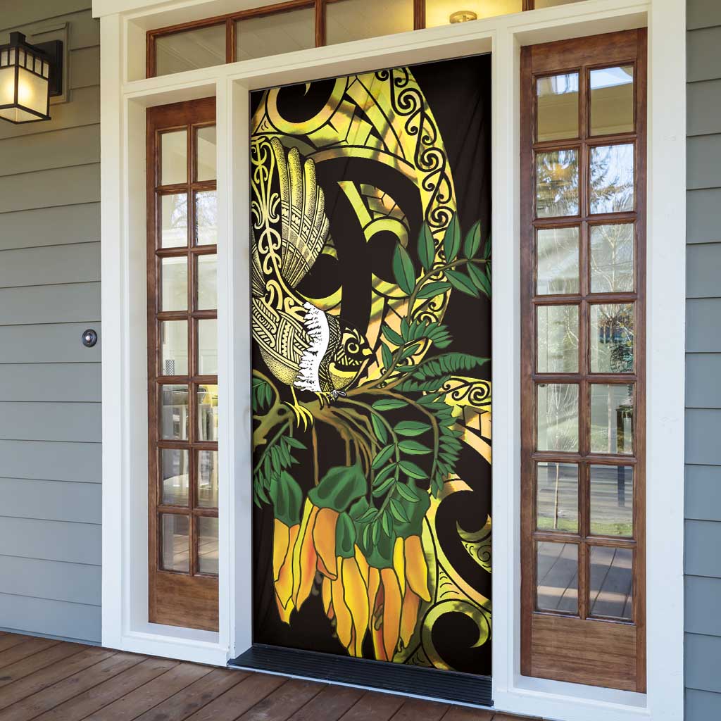 Yellow New Zealand Kowhai And Piwakawaka Door Cover Maori Ngaru Paua Shell - Polynesian Pride