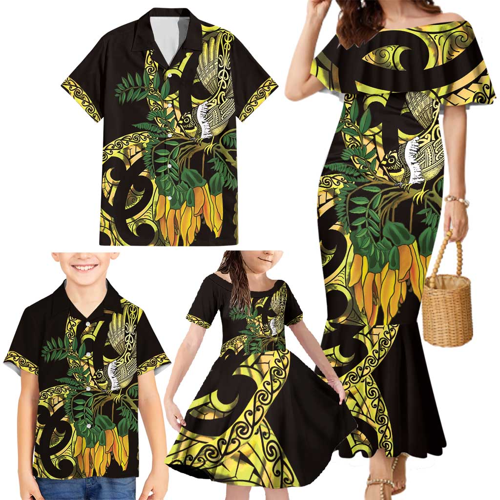 Yellow New Zealand Kowhai And Piwakawaka Family Matching Mermaid Dress and Hawaiian Shirt Maori Ngaru Paua Shell
