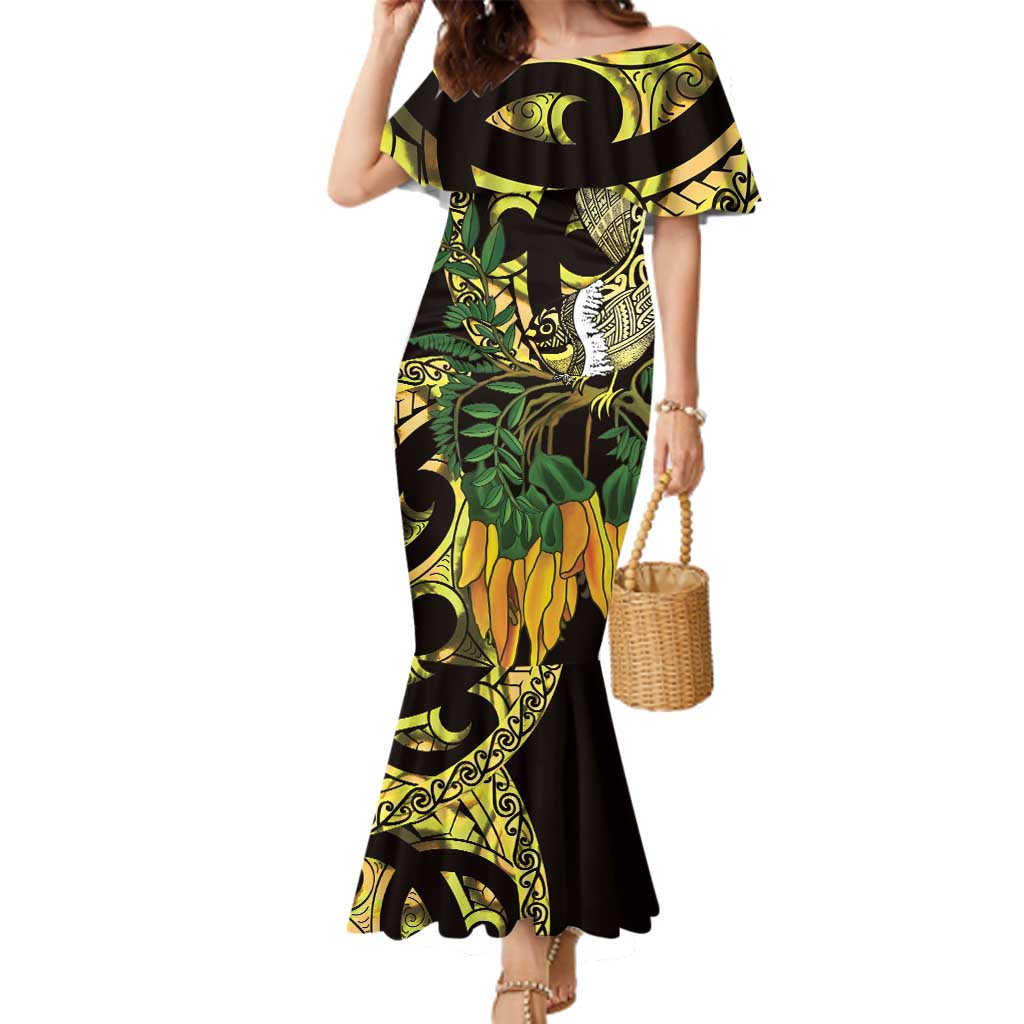 Yellow New Zealand Kowhai And Piwakawaka Family Matching Mermaid Dress and Hawaiian Shirt Maori Ngaru Paua Shell