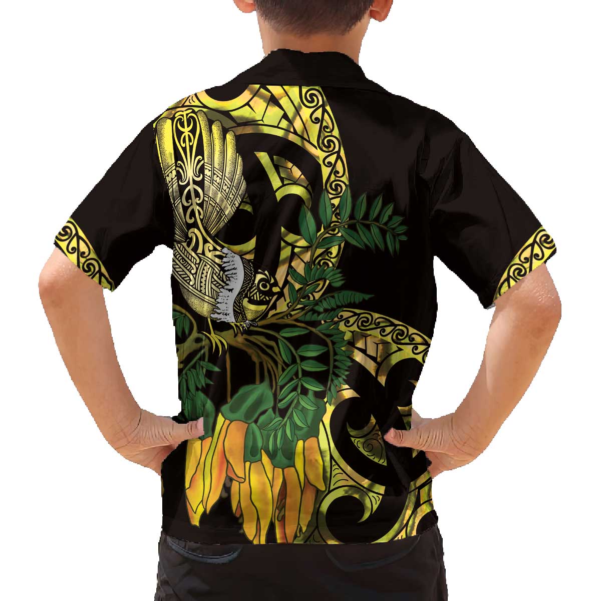 Yellow New Zealand Kowhai And Piwakawaka Family Matching Off The Shoulder Long Sleeve Dress and Hawaiian Shirt Maori Ngaru Paua Shell