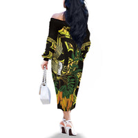 Yellow New Zealand Kowhai And Piwakawaka Family Matching Off The Shoulder Long Sleeve Dress and Hawaiian Shirt Maori Ngaru Paua Shell