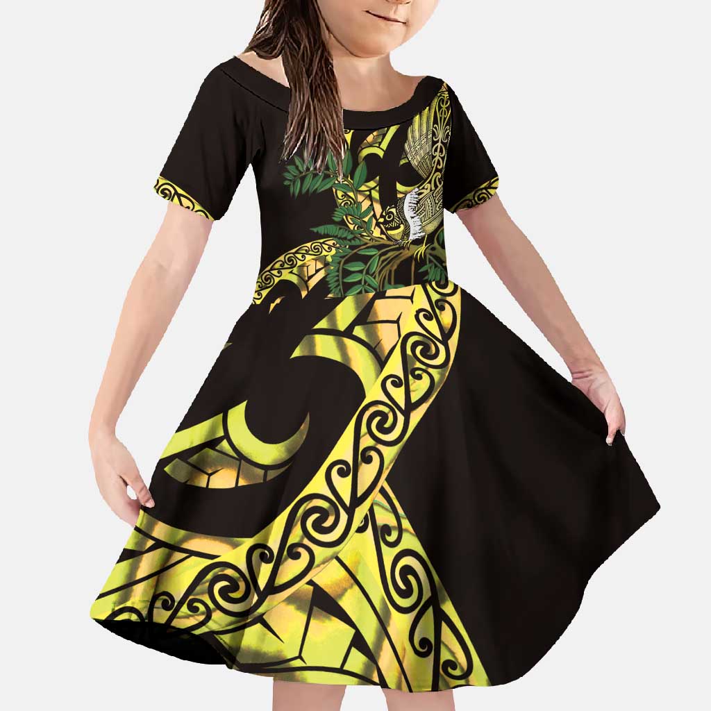 Yellow New Zealand Kowhai And Piwakawaka Family Matching Off Shoulder Maxi Dress and Hawaiian Shirt Maori Ngaru Paua Shell