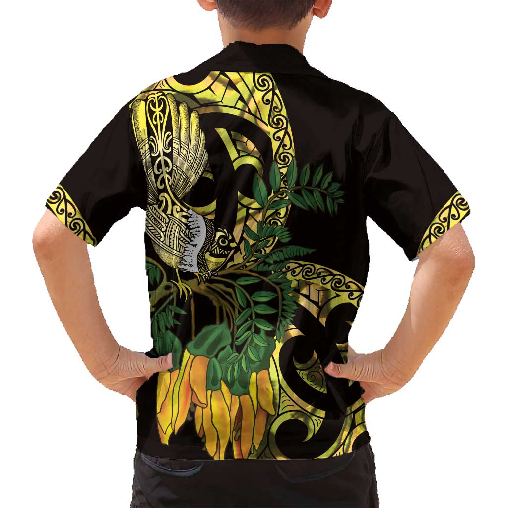Yellow New Zealand Kowhai And Piwakawaka Family Matching Off Shoulder Short Dress and Hawaiian Shirt Maori Ngaru Paua Shell