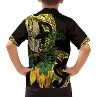 Yellow New Zealand Kowhai And Piwakawaka Family Matching Off Shoulder Short Dress and Hawaiian Shirt Maori Ngaru Paua Shell