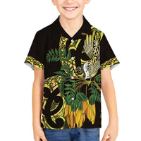 Yellow New Zealand Kowhai And Piwakawaka Family Matching Puletasi and Hawaiian Shirt Maori Ngaru Paua Shell