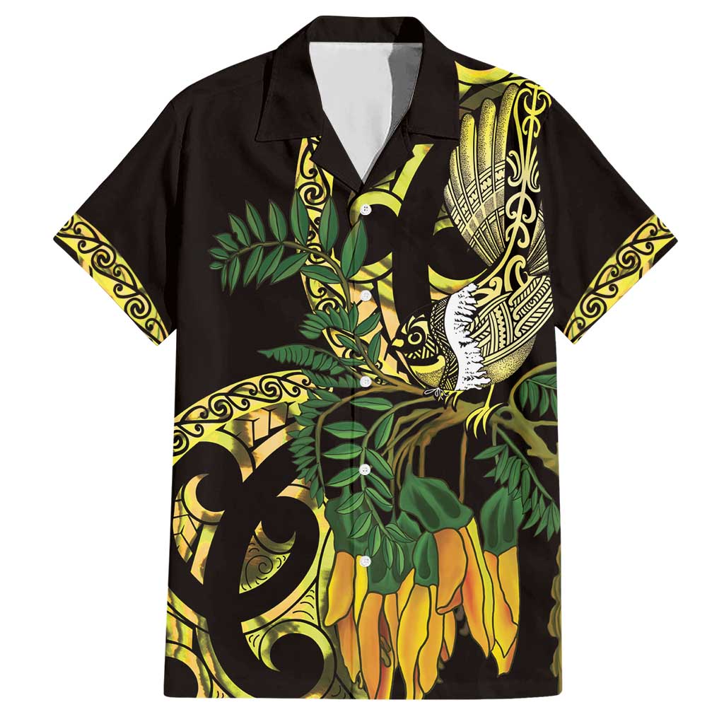 Yellow New Zealand Kowhai And Piwakawaka Hawaiian Shirt Maori Ngaru Paua Shell