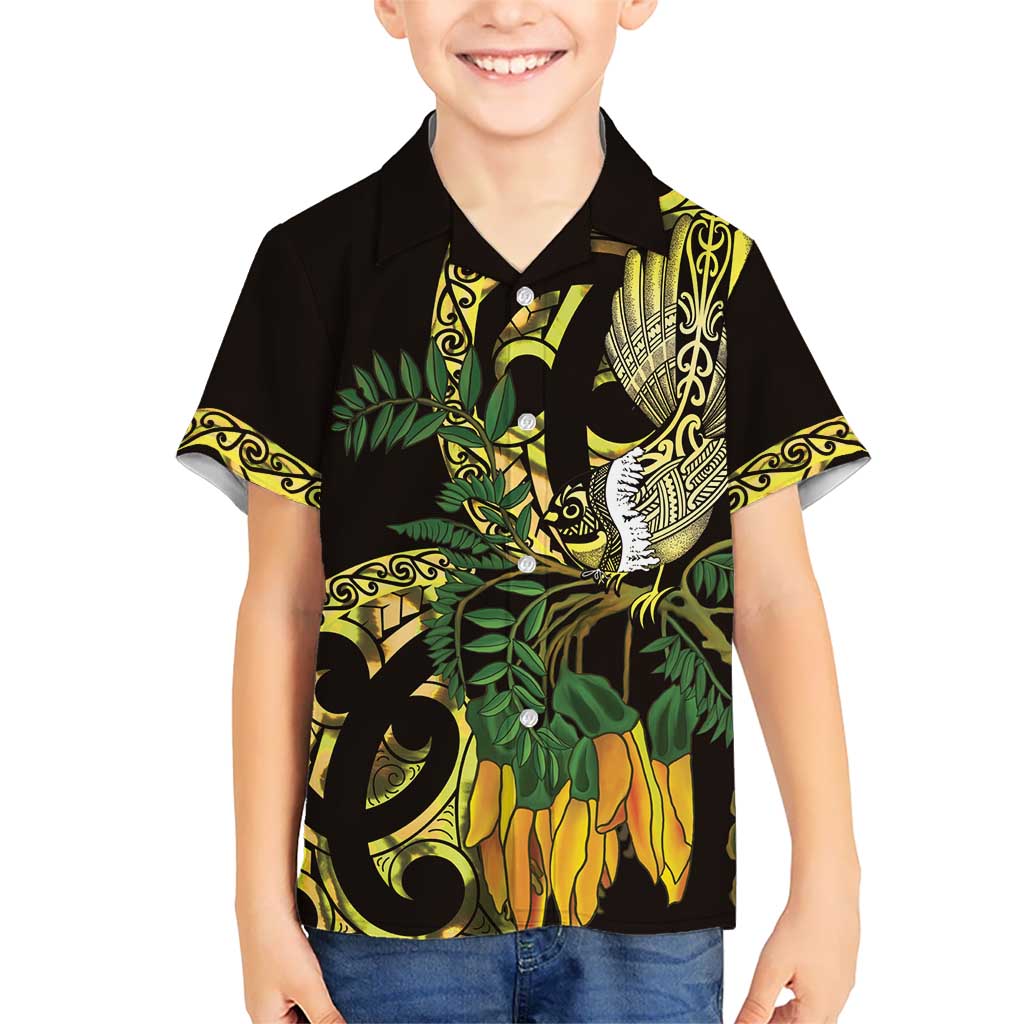 Yellow New Zealand Kowhai And Piwakawaka Kid Hawaiian Shirt Maori Ngaru Paua Shell