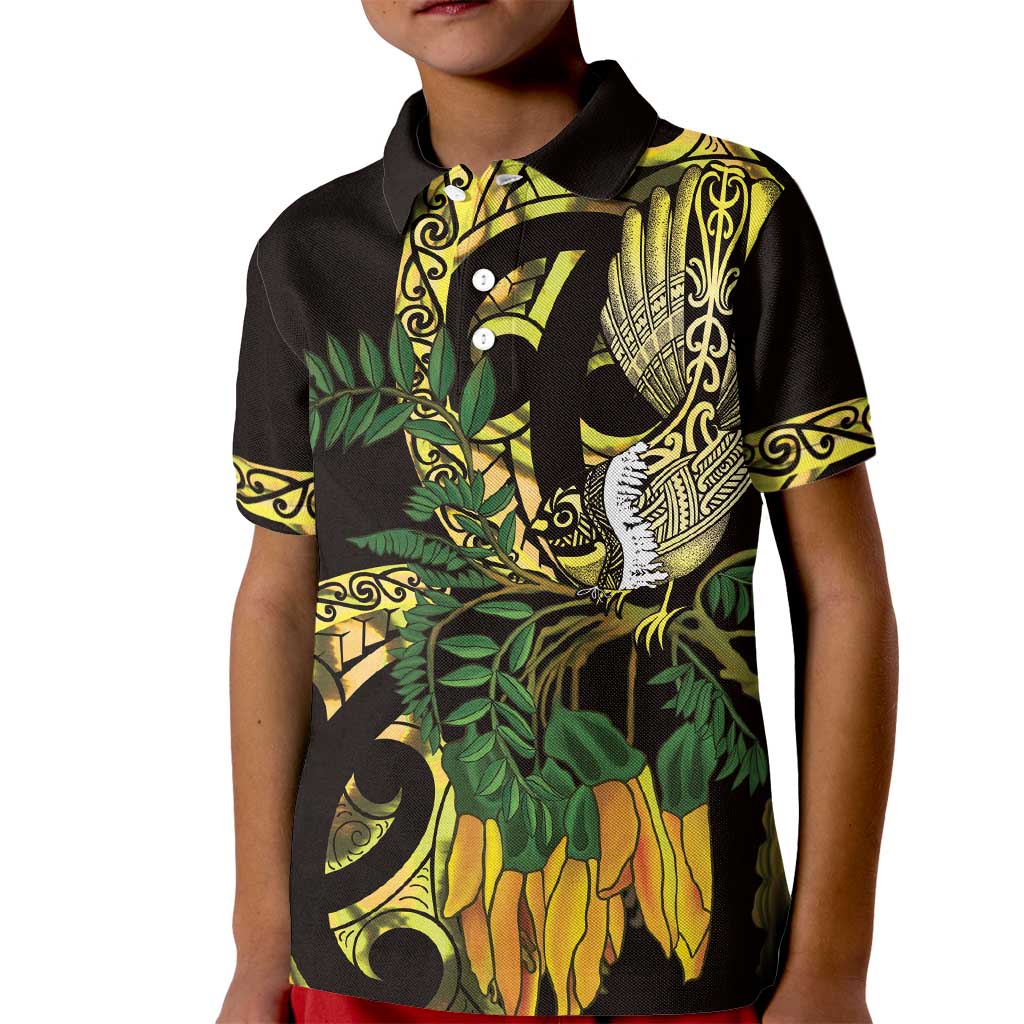 Yellow New Zealand Kowhai And Piwakawaka Kid Polo Shirt Maori Ngaru Paua Shell