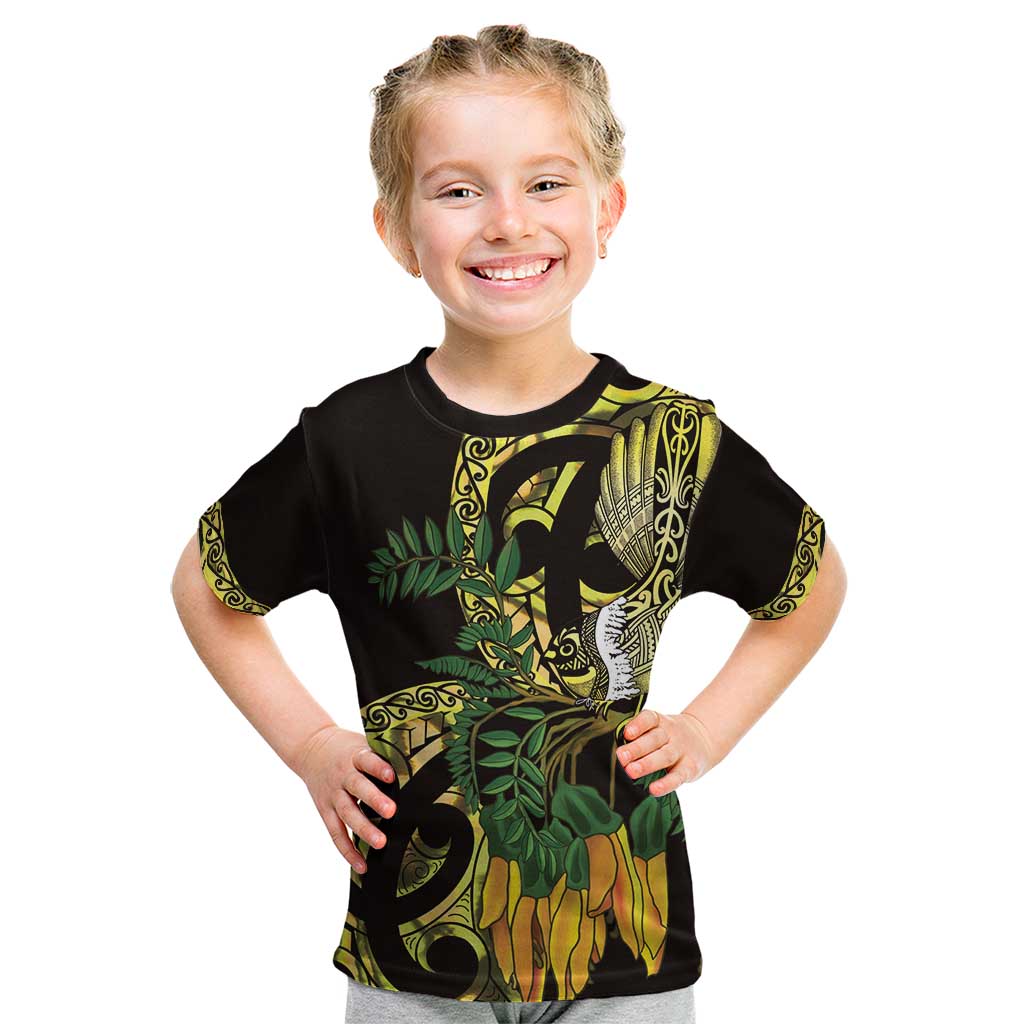 Yellow New Zealand Kowhai And Piwakawaka Kid T Shirt Maori Ngaru Paua Shell