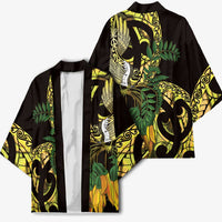 Yellow New Zealand Kowhai And Piwakawaka Kimono Maori Ngaru Paua Shell - Polynesian Pride