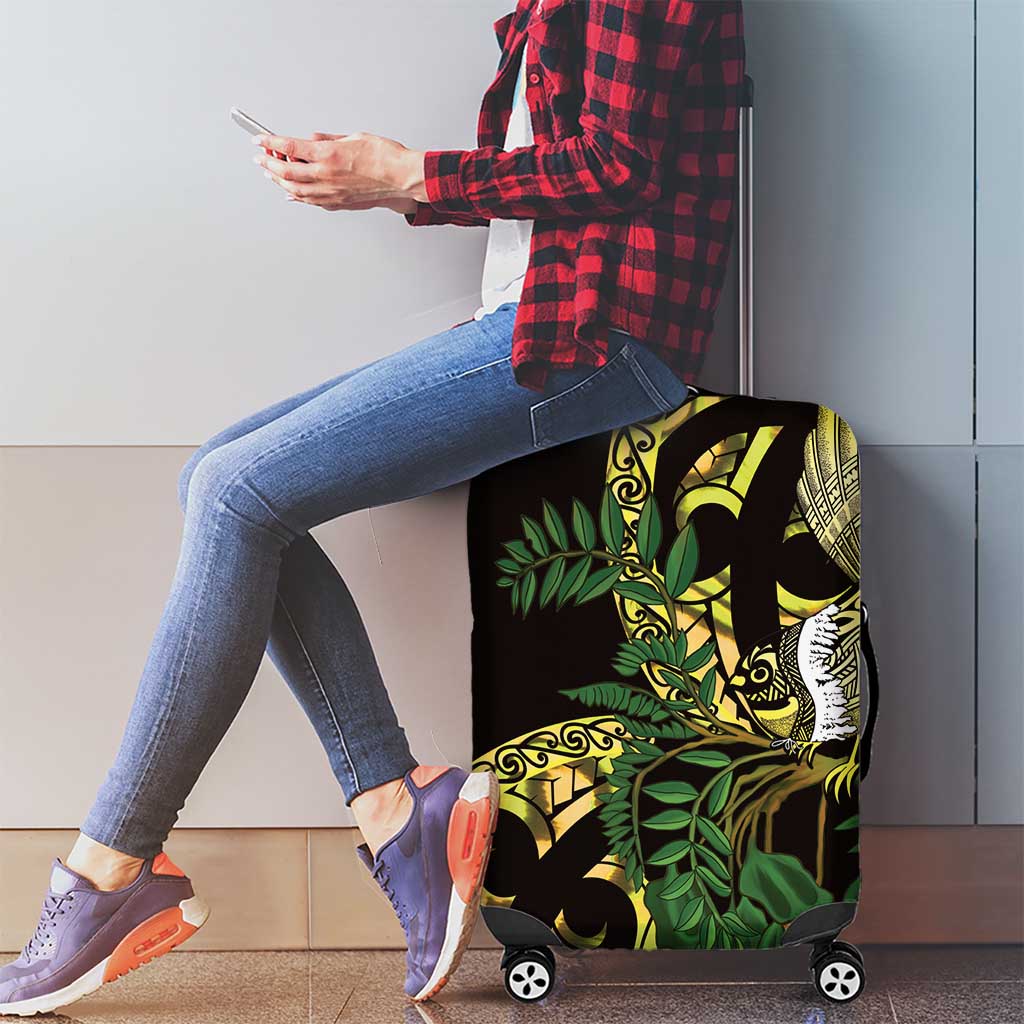 Yellow New Zealand Kowhai And Piwakawaka Luggage Cover Maori Ngaru Paua Shell