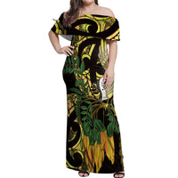 Yellow New Zealand Kowhai And Piwakawaka Off Shoulder Maxi Dress Maori Ngaru Paua Shell LT14 Women Yellow - Polynesian Pride