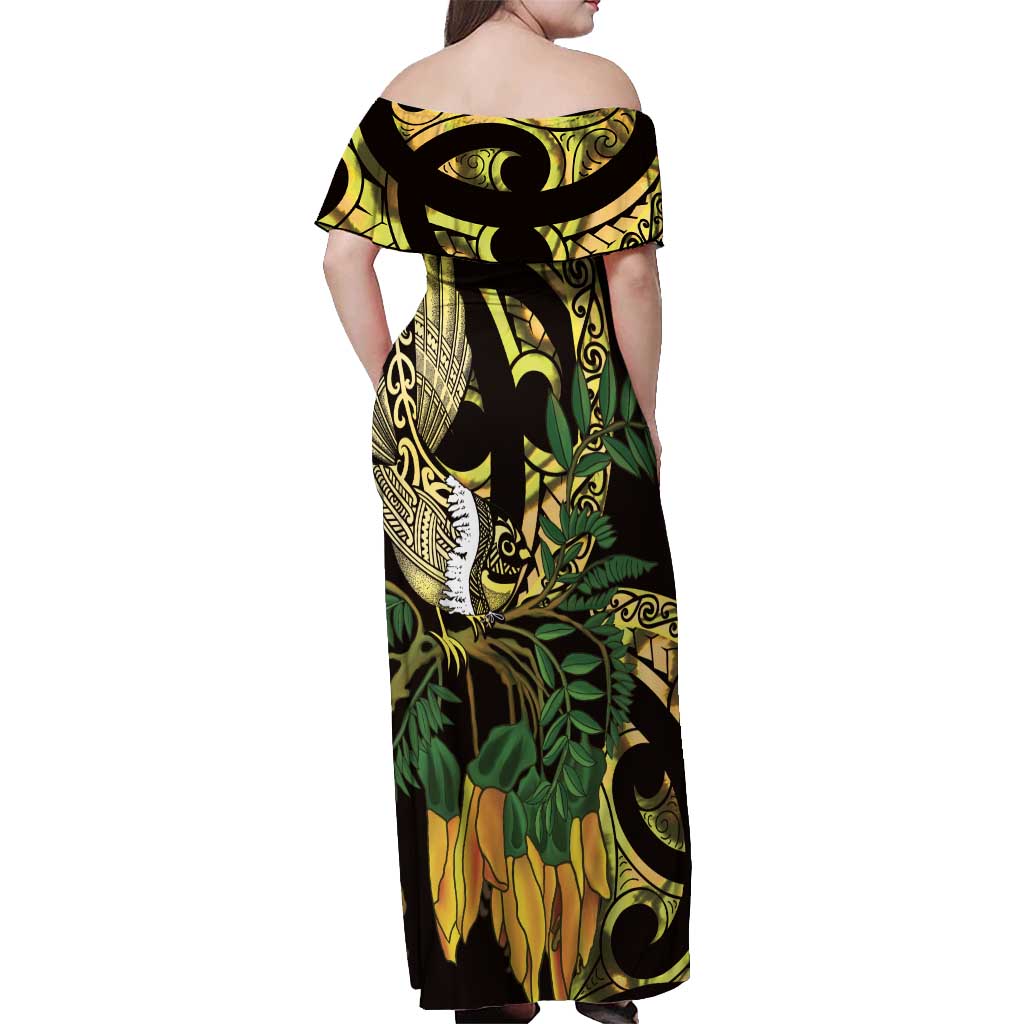 Yellow New Zealand Kowhai And Piwakawaka Off Shoulder Maxi Dress Maori Ngaru Paua Shell LT14 - Polynesian Pride