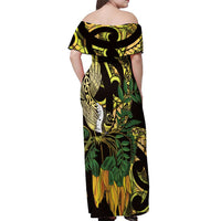 Yellow New Zealand Kowhai And Piwakawaka Off Shoulder Maxi Dress Maori Ngaru Paua Shell LT14 - Polynesian Pride