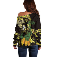 Yellow New Zealand Kowhai And Piwakawaka Off Shoulder Sweater Maori Ngaru Paua Shell