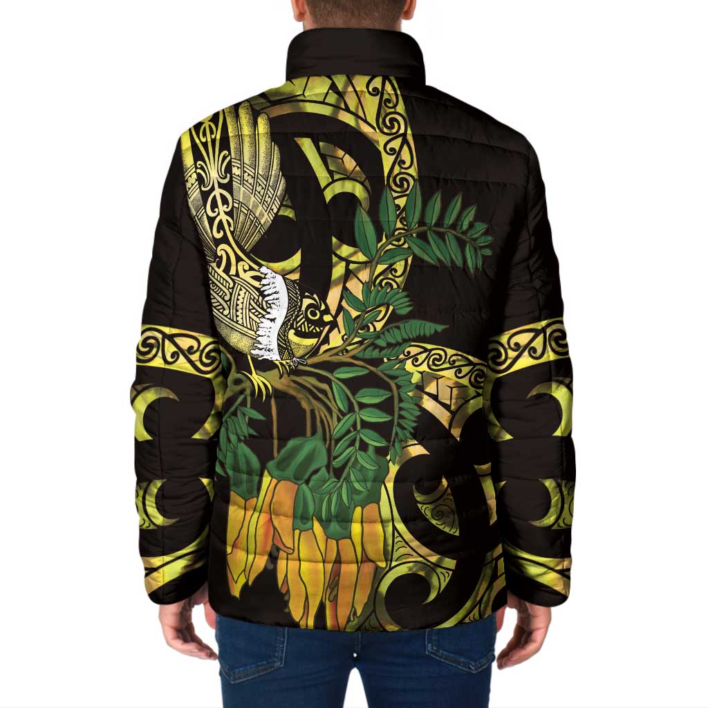 Yellow New Zealand Kowhai And Piwakawaka Padded Jacket Maori Ngaru Paua Shell - Polynesian Pride