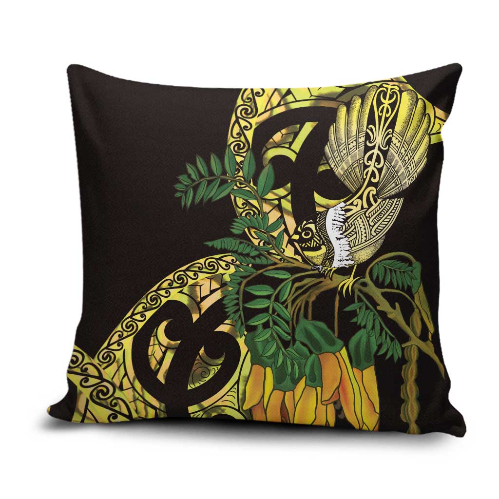 Yellow New Zealand Kowhai And Piwakawaka Pillow Cover Maori Ngaru Paua Shell - Polynesian Pride