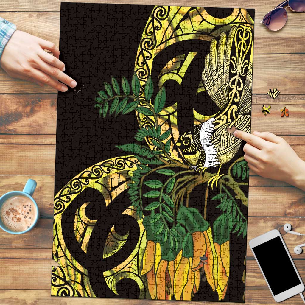 Yellow New Zealand Kowhai And Piwakawaka Puzzle Maori Ngaru Paua Shell - Polynesian Pride