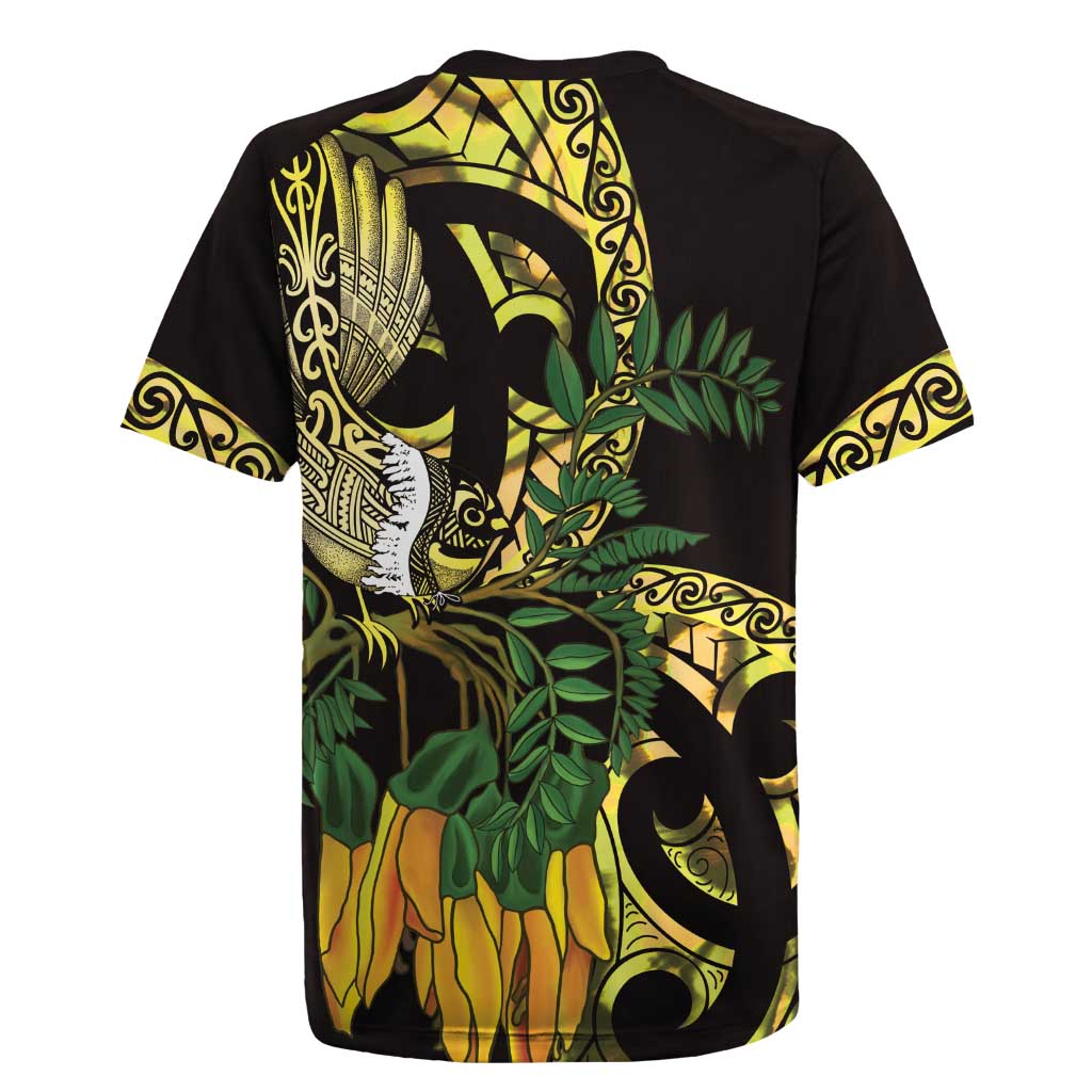 Yellow New Zealand Kowhai And Piwakawaka Rugby Jersey Maori Ngaru Paua Shell