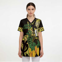 Yellow New Zealand Kowhai And Piwakawaka Scrub Top Maori Ngaru Paua Shell - Polynesian Pride
