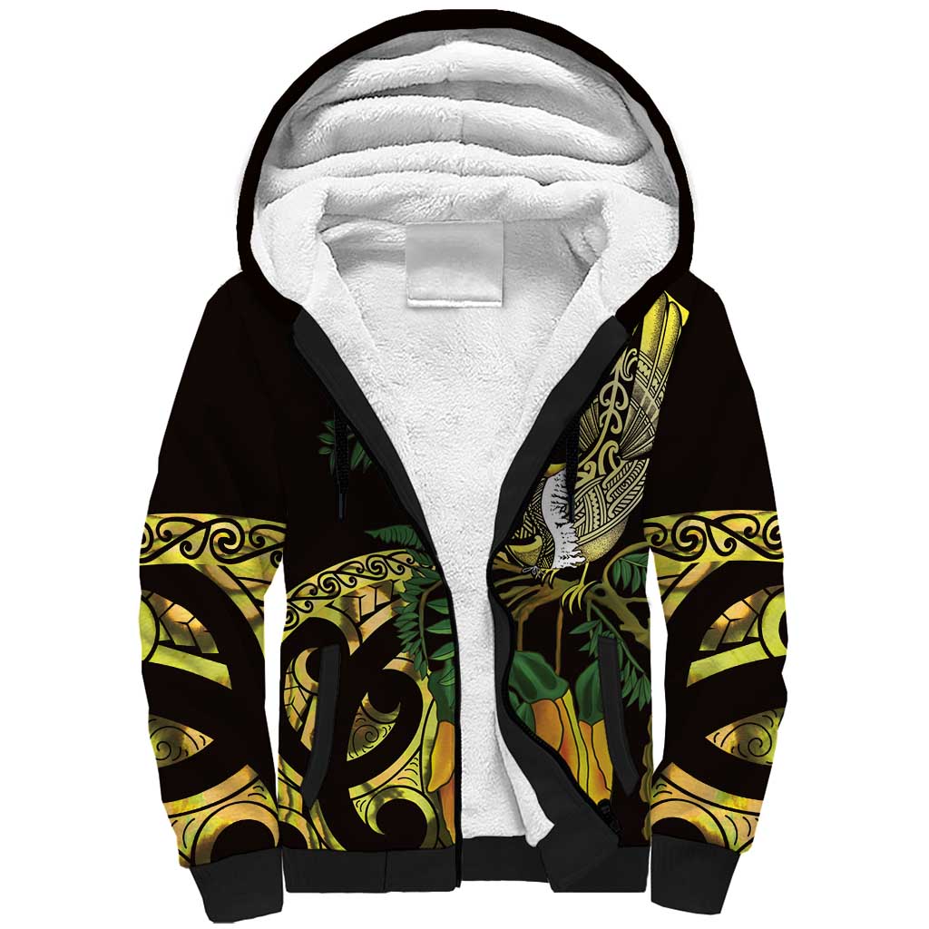 Yellow New Zealand Kowhai And Piwakawaka Sherpa Hoodie Maori Ngaru Paua Shell