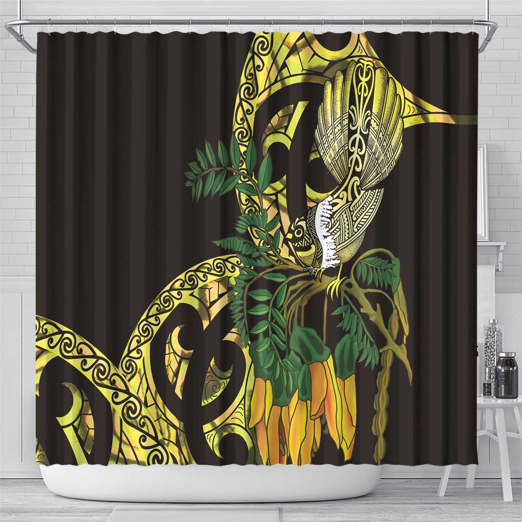 Yellow New Zealand Kowhai And Piwakawaka Shower Curtain Maori Ngaru Paua Shell