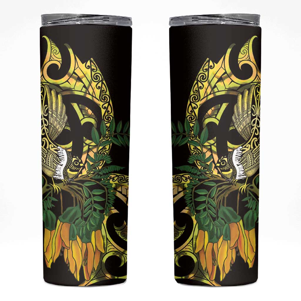 Yellow New Zealand Kowhai And Piwakawaka Skinny Tumbler Maori Ngaru Paua Shell