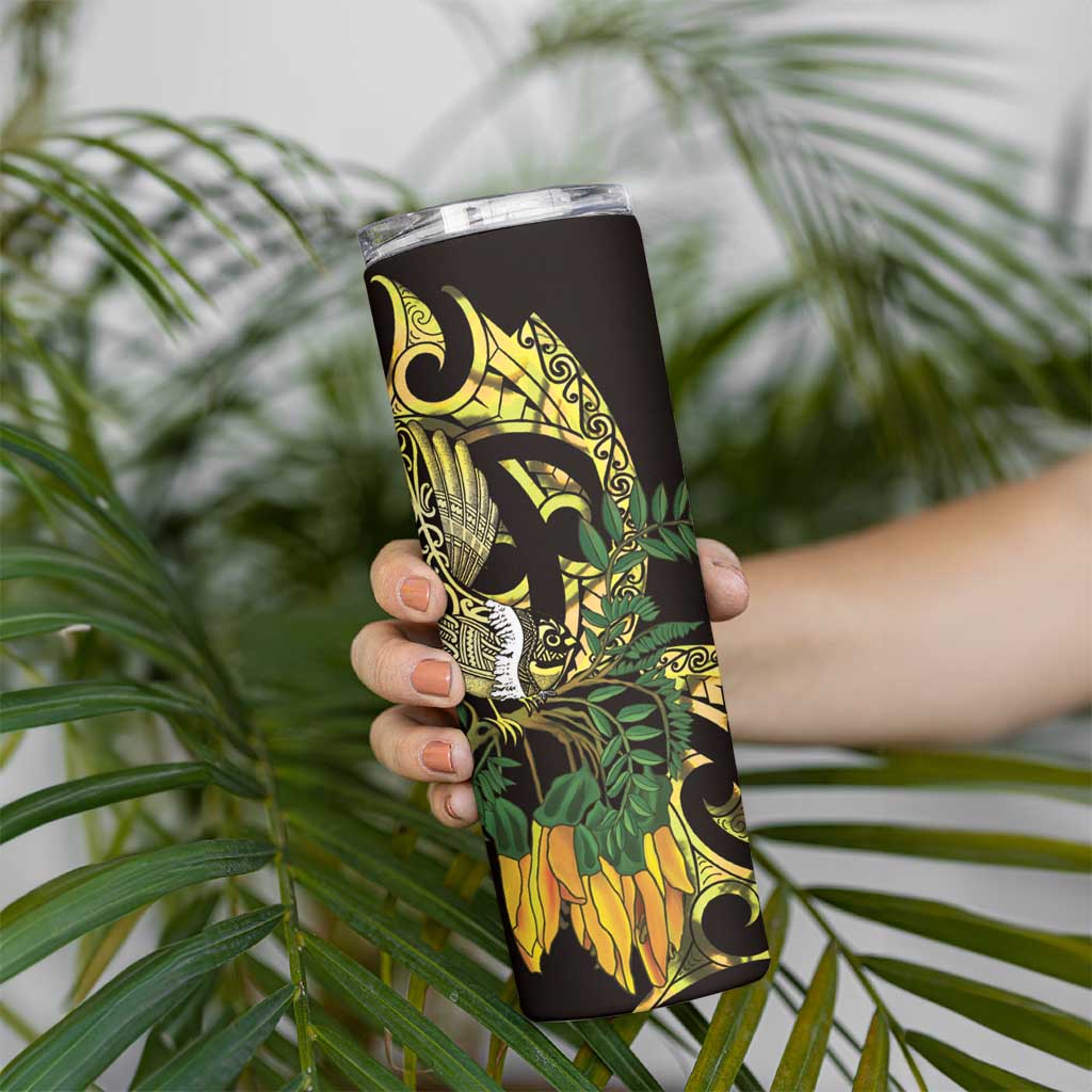 Yellow New Zealand Kowhai And Piwakawaka Skinny Tumbler Maori Ngaru Paua Shell