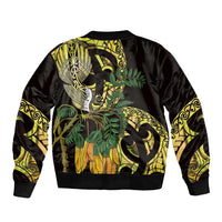 Yellow New Zealand Kowhai And Piwakawaka Sleeve Zip Bomber Jacket Maori Ngaru Paua Shell