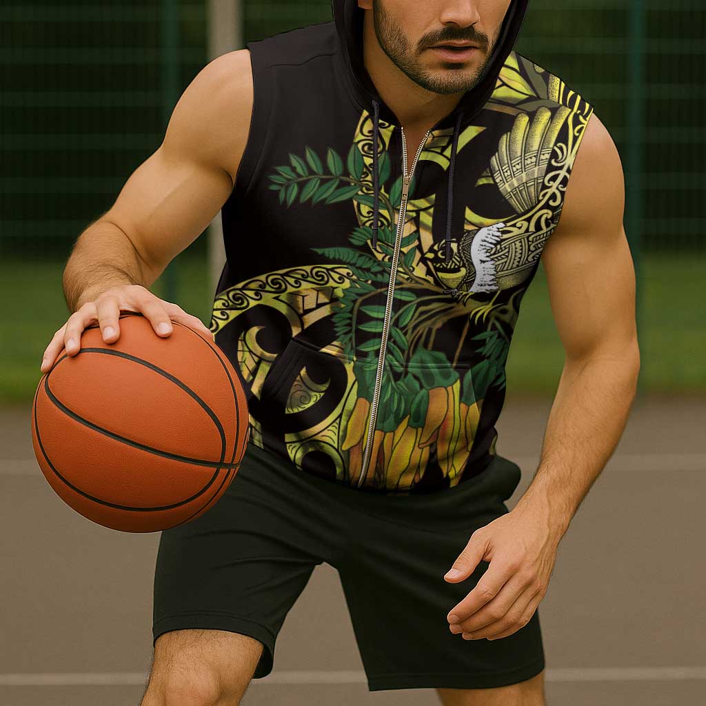 Yellow New Zealand Kowhai And Piwakawaka Sleeveless Zip Hoodie Maori Ngaru Paua Shell - Polynesian Pride