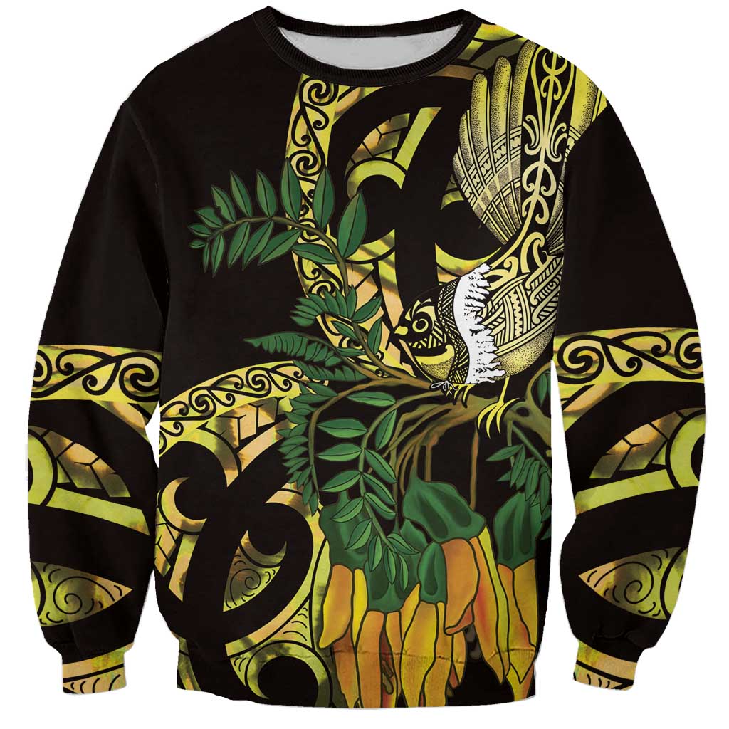 Yellow New Zealand Kowhai And Piwakawaka Sweatshirt Maori Ngaru Paua Shell LT14 Unisex Yellow - Polynesian Pride