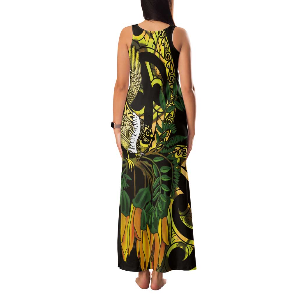 Yellow New Zealand Kowhai And Piwakawaka Tank Maxi Dress Maori Ngaru Paua Shell