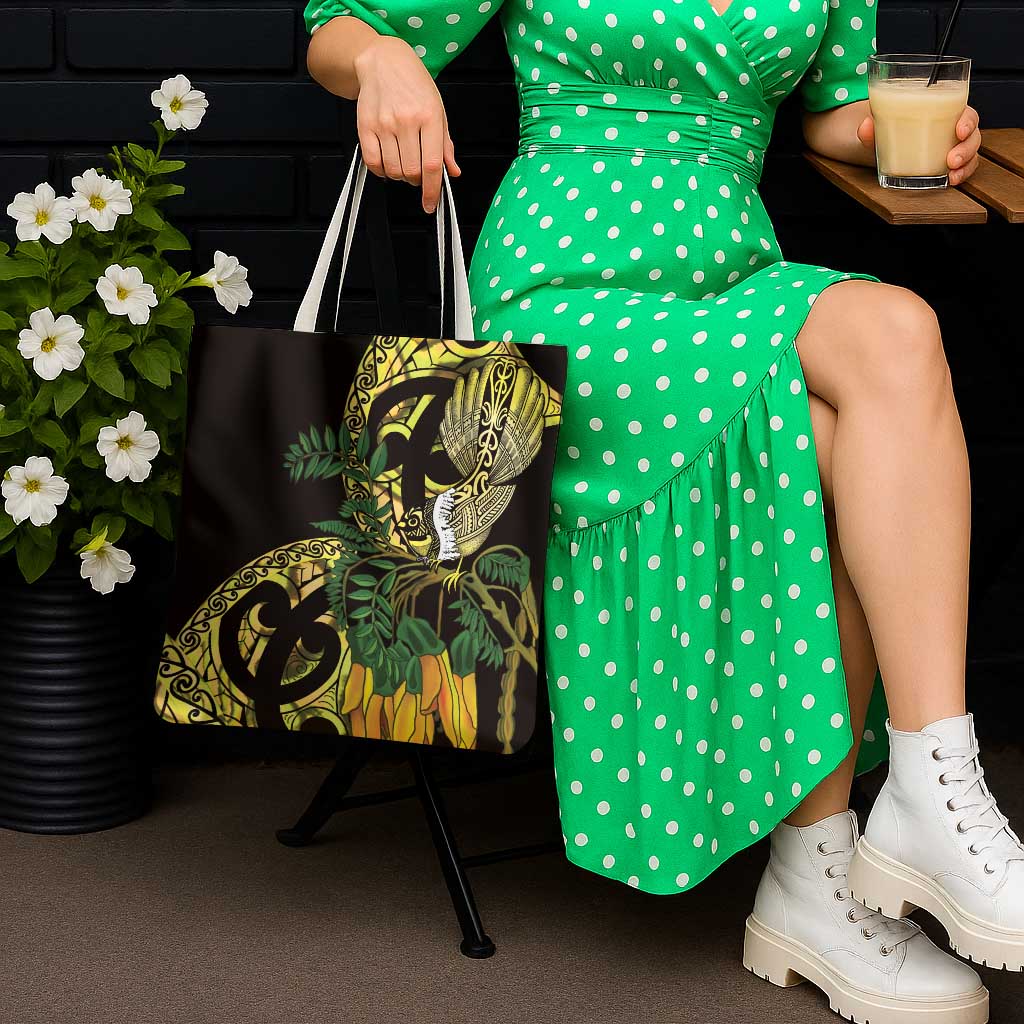 Yellow New Zealand Kowhai And Piwakawaka Tote Bag Maori Ngaru Paua Shell - Polynesian Pride