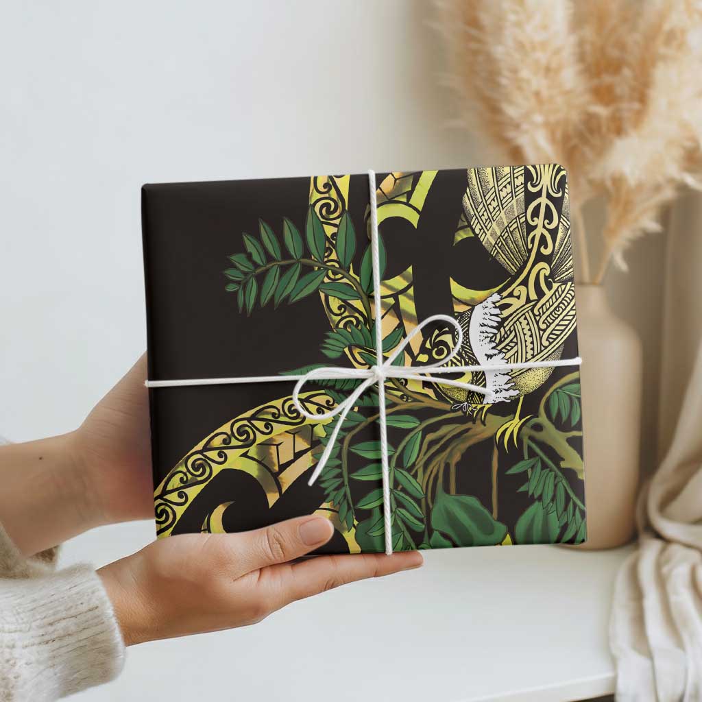 Yellow New Zealand Kowhai And Piwakawaka Wrapping Paper Maori Ngaru Paua Shell - Polynesian Pride