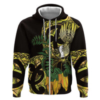 Yellow New Zealand Kowhai And Piwakawaka Zip Hoodie Maori Ngaru Paua Shell