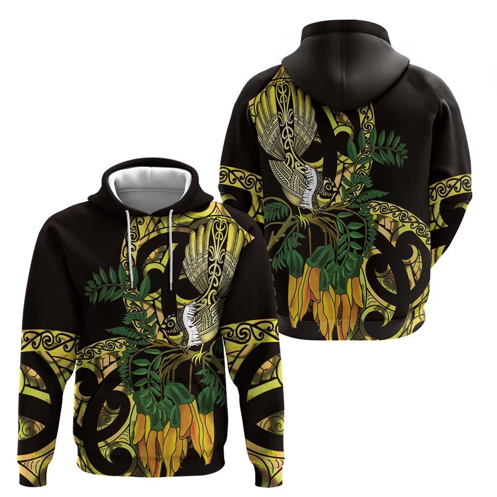 Yellow New Zealand Kowhai And Piwakawaka Zip Hoodie Maori Ngaru Paua Shell
