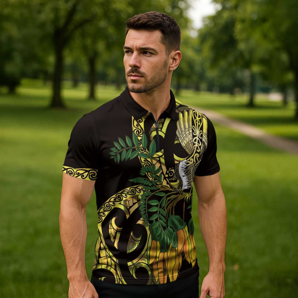 Yellow New Zealand Kowhai And Piwakawaka Zipper Polo Shirt Maori Ngaru Paua Shell - Polynesian Pride