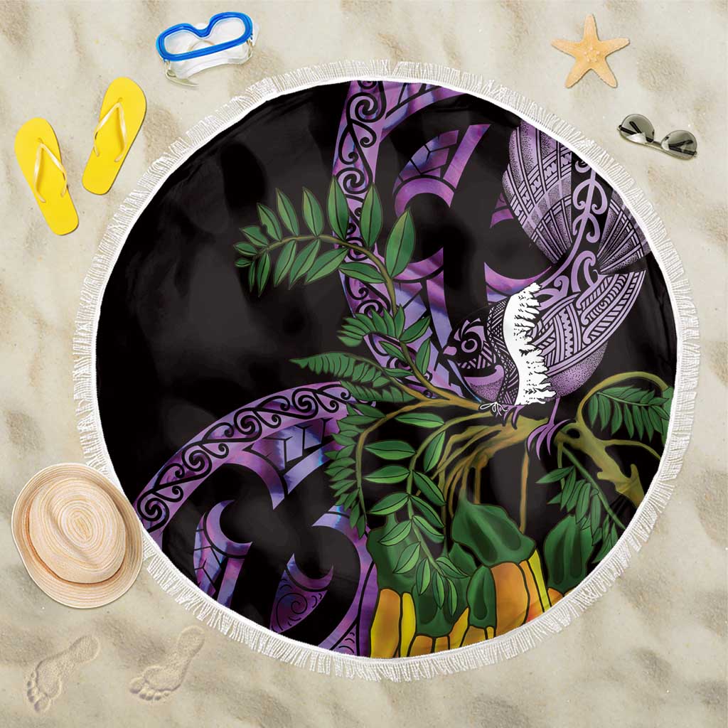Purple New Zealand Kowhai And Piwakawaka Beach Blanket Maori Ngaru Paua Shell