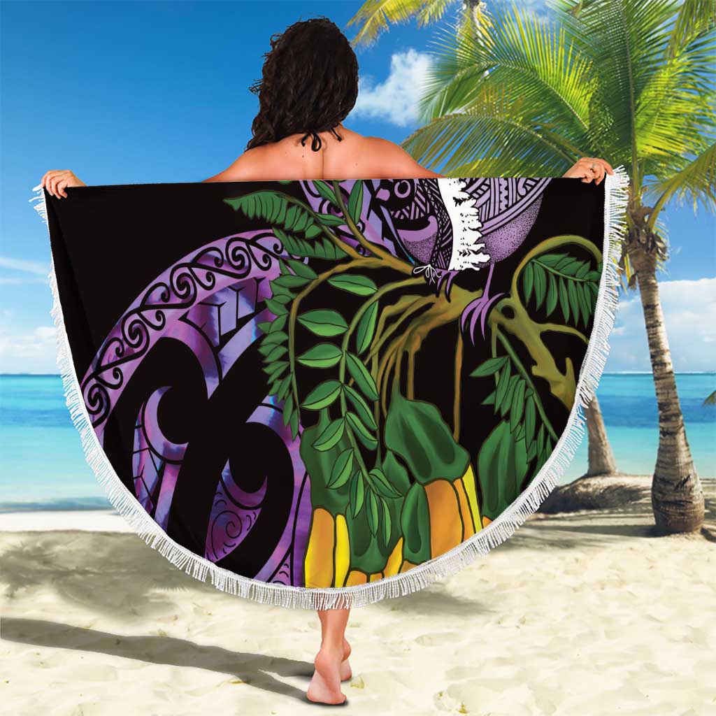 Purple New Zealand Kowhai And Piwakawaka Beach Blanket Maori Ngaru Paua Shell