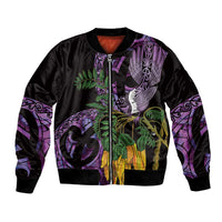 Purple New Zealand Kowhai And Piwakawaka Bomber Jacket Maori Ngaru Paua Shell